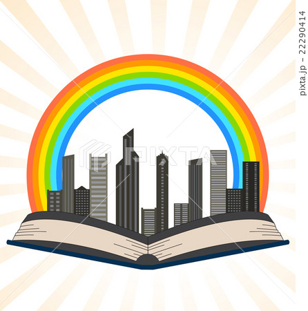 Illustration of a book with a rainbow over city Illustration of a book with a rainbow over city 22290414