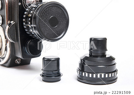 Close up view of vintage movie camera with lens 22291509