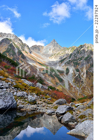 天狗原の秋 天狗池に映る逆さ槍 22297924
