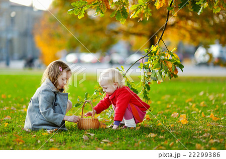 Sisters gathering acorns for crafting and playing Sisters gathering acorns for crafting and playing 22299386