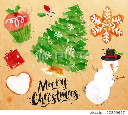 Watercolor Christmas symbols kraft 22299697