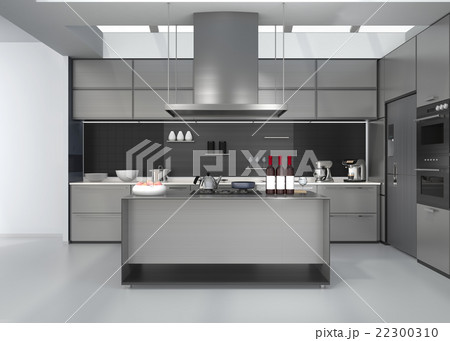 シルバー調アイランドシステムキッチンインテリアのイメージ 22300310