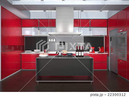 ワインレッドカラーテーマのアイランドシステムキッチンインテリアのイメージ ワインレッドカラーテーマのアイランドシステムキッチンインテリアのイメージ 22300312