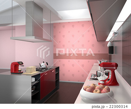 モンステラ柄のピンク色壁紙とワインレッドアイランドシステムキッチンインテリアのイメージのイラスト素材
