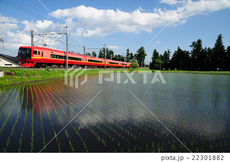 水田の水鏡と東武日光線を走るJR特急日光 22301882
