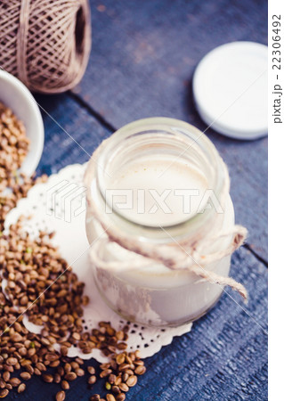 vegan fresh milk from hemp seeds in a glass jar 22306492