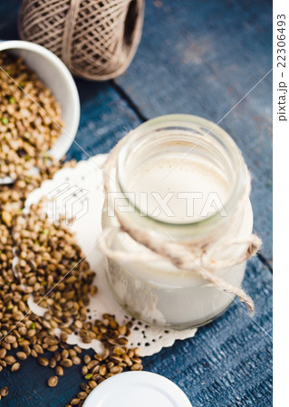 vegan fresh milk from hemp seeds in a glass jar 22306493