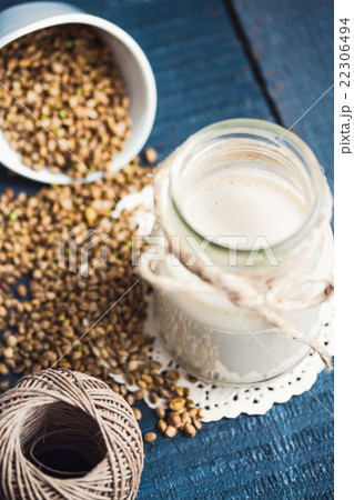 vegan fresh milk from hemp seeds in a glass jar 22306494