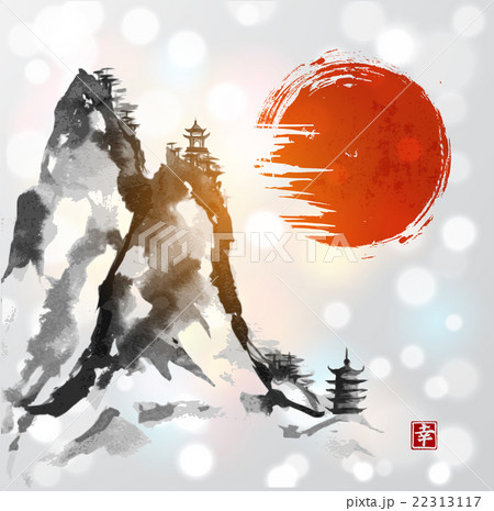 Red sun, high mountains and two pagodas 22313117