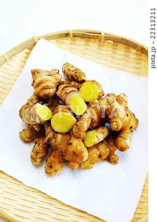 薬用植物健康食品・ウコン根茎複数切断面あり・笊入り縦位置俯瞰アップ 薬用植物健康食品・ウコン根茎複数切断面あり・笊入り縦位置俯瞰アップ 22313211