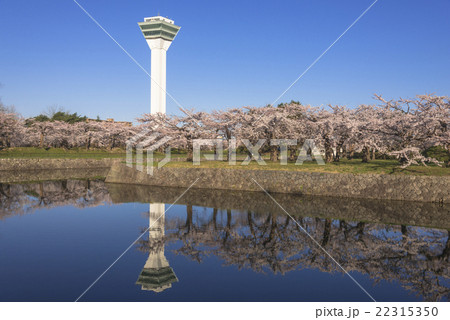 お堀に映る五稜郭タワーと満開の桜の花 お堀に映る五稜郭タワーと満開の桜の花 22315350
