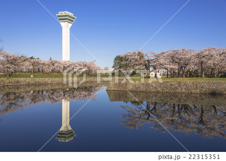 お堀に映る五稜郭タワーと満開の桜の花 お堀に映る五稜郭タワーと満開の桜の花 22315351