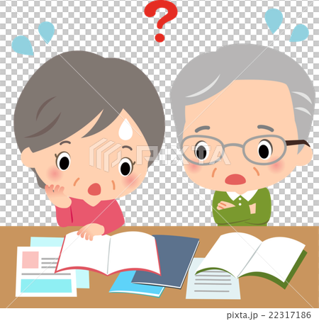 たくさんの資料を広げて悩んでいるシニアの男女 22317186