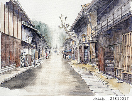 妻籠宿のスケッチ 宿場町 日本のレトロのイラスト素材