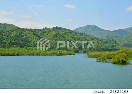 新緑のダム湖と山々 22322163