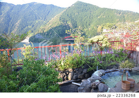 奈良県　十津川村　　露店風呂温泉（源泉使用）と十津川風景 22336268