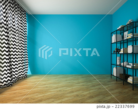 Empty room with blue wall and glass rack  22337699