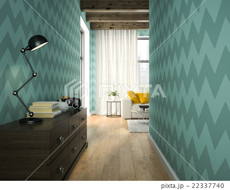 Interior of hallway with blue wallpaper  22337740