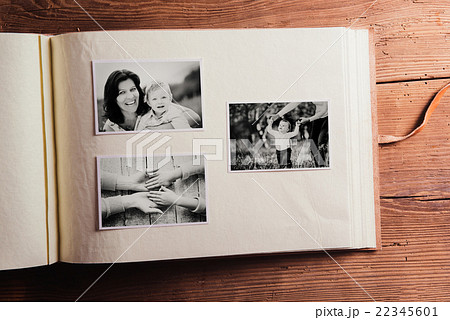 Mothers day composition. Photo album, black-and Mothers day composition. Photo album, black-and 22345601