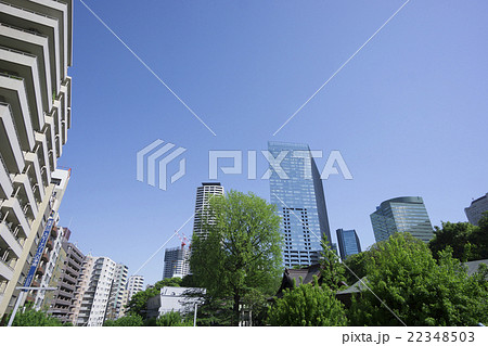新宿高層ビル街快晴　青空　新緑　新宿中央公園前　マンションとオフィス混在 22348503