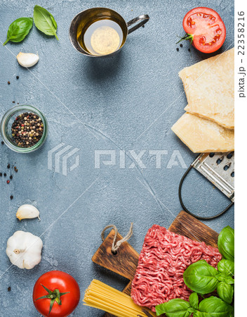 Ingredients for cooking pasta Bolognese on grey Ingredients for cooking pasta Bolognese on grey 22358216