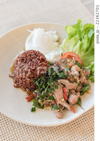 Rice topped with stir-fried beef and basil Rice topped with stir-fried beef and basil 22362701