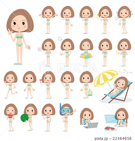 Bob hair woman green border Swimwear style 22364656