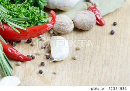 Garlic, nutmeg, rosemary and chili pepper Garlic, nutmeg, rosemary and chili pepper 22384958