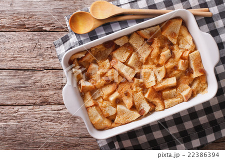 Fresh-baked English bread pudding in baking 22386394