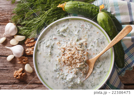 Bulgarian tarator soup close up and ingredients 22386475