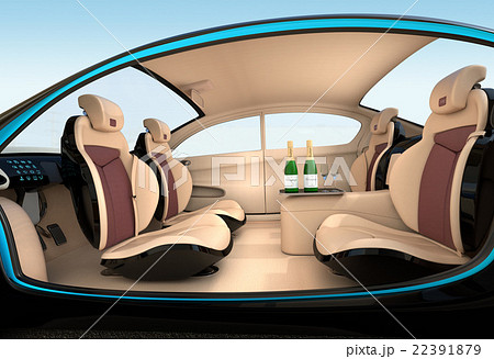 自動運転車のインテリアイメージ 上質なインテリアに回転可能なシートでくつろぎ空間を作るのイラスト素材