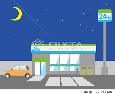 コンビニエンスストアと停まっている自動車のイメージイラスト(夜間) コンビニエンスストアと停まっている自動車のイメージイラスト(夜間) 22393386