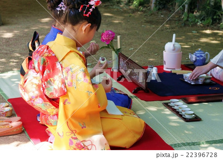 野点。煎茶道。振袖姿の可愛いお客さん。茶会。 22396728