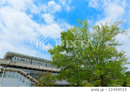 舎人公園の林の若葉に新緑と駅に到着の舎人ライナー 22409533