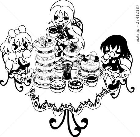 カフェで 美味しいパンケーキを食べる女の子3人のイラスト素材