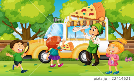 Kids buying pizza from pizza truck Kids buying pizza from pizza truck 22414621