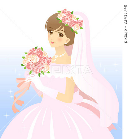 ウエディングドレスを着て ブーケを持つ花嫁 背景ありのイラスト素材