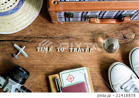 Outfit of traveler on wooden background 22418878