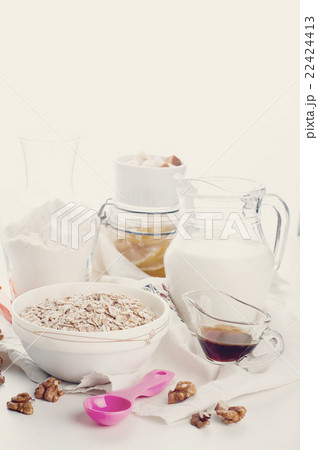 Oatmeal porridge with glass of milk Oatmeal porridge with glass of milk 22424413