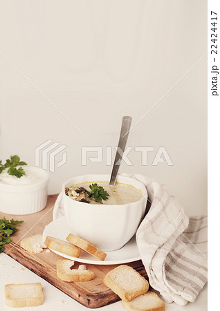 creamy soup with croutons 22424417
