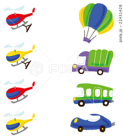 子供の好きな乗り物 車 バス トラック 気球 ヘリ のイラスト素材
