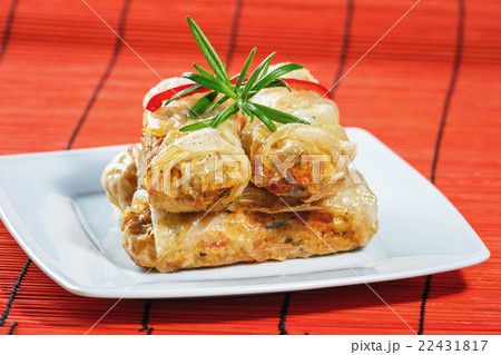 fried spring rolls on red bamboo mat fried spring rolls on red bamboo mat 22431817