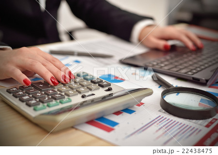 businesswoman considers profit businesswoman considers profit 22438475