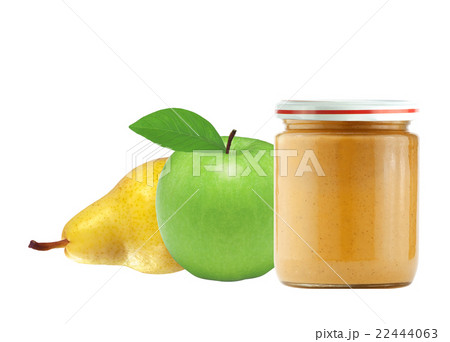 Jar of baby puree, green apple and pear isolated Jar of baby puree, green apple and pear isolated 22444063