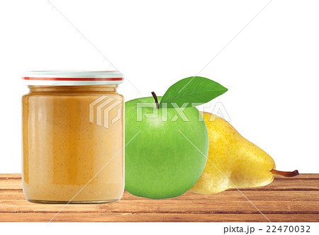 Jar of baby puree, apple and pear on table 22470032
