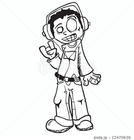 Simple Black And White Boy Listening To Musicのイラスト素材