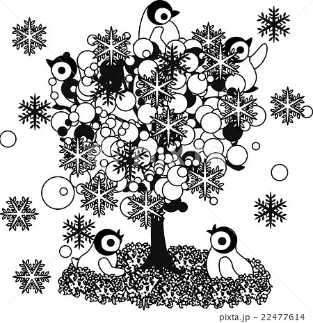 冬をイメージした不思議な木に佇む赤ちゃんペンギンのイラスト素材