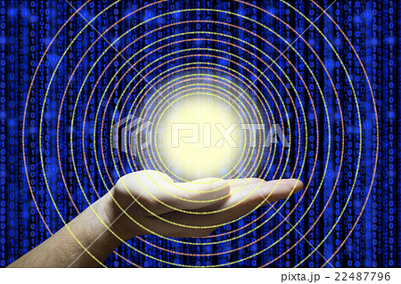 Hand holds a glowing ball emitting data circles 22487796