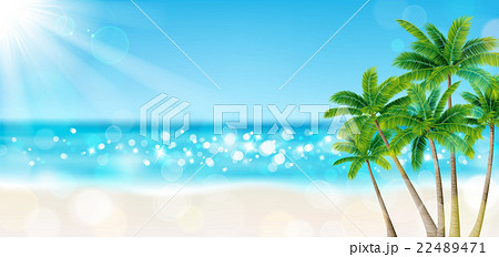 海 砂浜 太陽 ヤシの木のイラスト素材