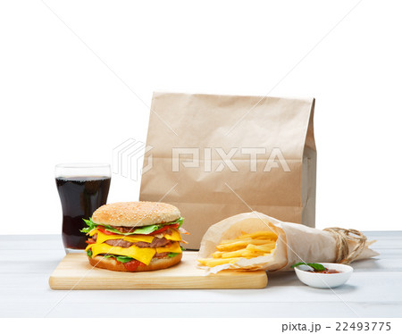 Fast food take away. Hamburger, cola and fries. 22493775